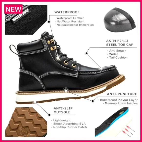 Men's Steel Toe Work Boots Waterproof Non-Slip Safety Construction
